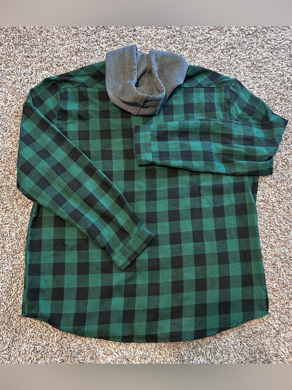UNBRANDED Men's HOODED FLANNEL Shirt Green Black Buffalo Plaid Shacket 2XL